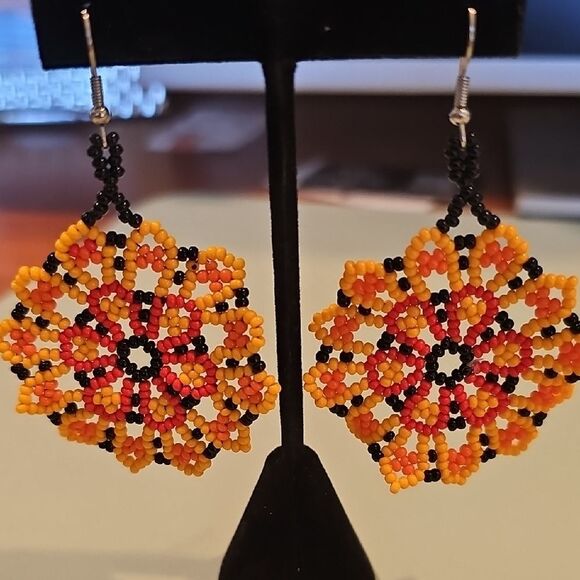 Handcrafted Beaded Earrings - Black and Orange Floral Design - Picture 1 of 3